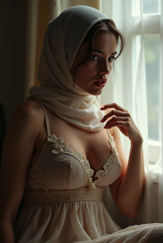 original photo,  masterpiece, Vivid and clear color details, Award-winning, Show the ultimate in detail with 8K resolution, natural lighting, analog film,amazing composition,Carefully designed composition, Balanced and dynamic, intricate details, subsurface scattering, Amazing textures, cinematic, chiaroscuro, soft light,
A beautiful and sexy woman of different malaysian origins，wearing sheer hijab, Exudes extraordinary beauty and sophistication.  Porcelain-like skin adds to her charming temperament, Embodying the essence of youthful love and desire.(detail shot:1.5),
Breaking through seductive realism, Shot with Kodak Portra 400, Highlight natural skin tone and subtle texture. Use a narrower aperture, Image ensures clarity, Meticulous depiction，Highlights the interplay of light and form in an extremely realistic way.
rest
(midnight mirage,  in a room full of softness, warm moonlight, Dreamlike scenes unfold. A figure by the window, Bask in soft moonlight, Become a fusion of light and shadow. The gentle light of the moon highlights her features, Adding a mysterious quality to her presence. her gown sparkles, Every movement is a symphony of elegance and mystery. her eyes, as deep as the night sky, Inviting people into a realm full of fantasy and temptation, Create magical episodes where dreams and reality intertwine.:1.5)
 