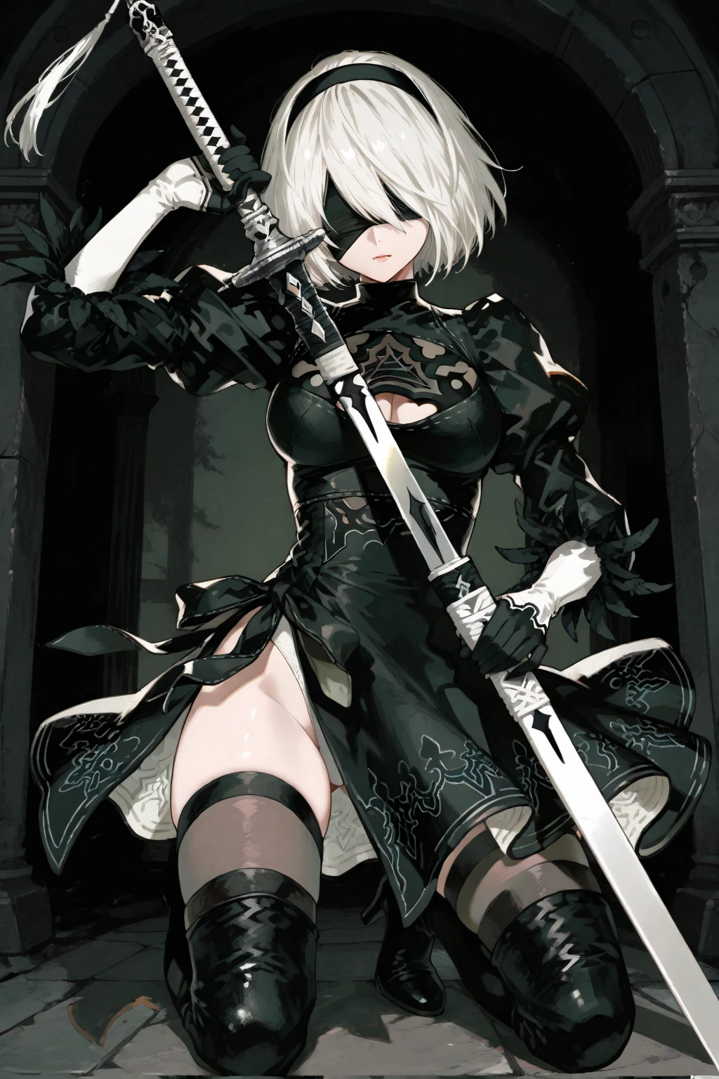 ((one-eyed blindfold)), holy paladin, scythe, dark Heavy armor, absurdres, RAW photo, extremely delicate and beautiful, masterpiece, Best Quality, ultra high resolution, 32k, hyperrealistic, ultra-detailed, detailed description, pale skin, 20 years old, tearful mole, earring, Colossal tits, short medium hair, wavy hair, evil grin, whole body shot,