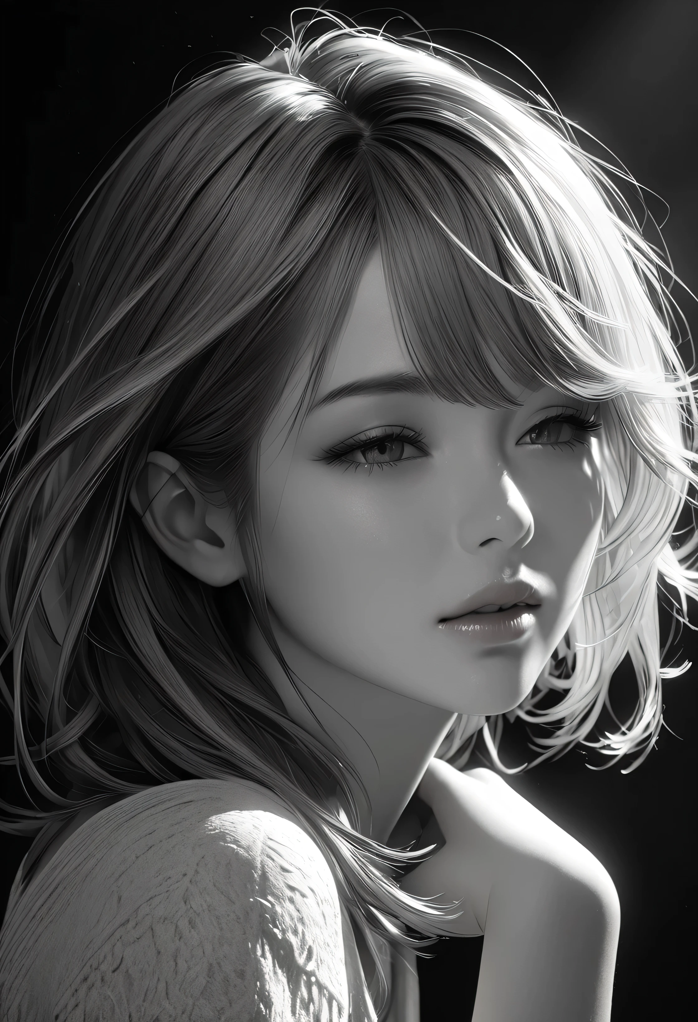 A girl in a mugshot, sketch, black and white, detailed features, vintage style, high contrast lighting, expressive eyes, tousled hair. (best quality, highres, realistic:1.37), vintage, monochrome, intense gaze, dramatic lighting, rugged background, distressed paper texture, retro vibes