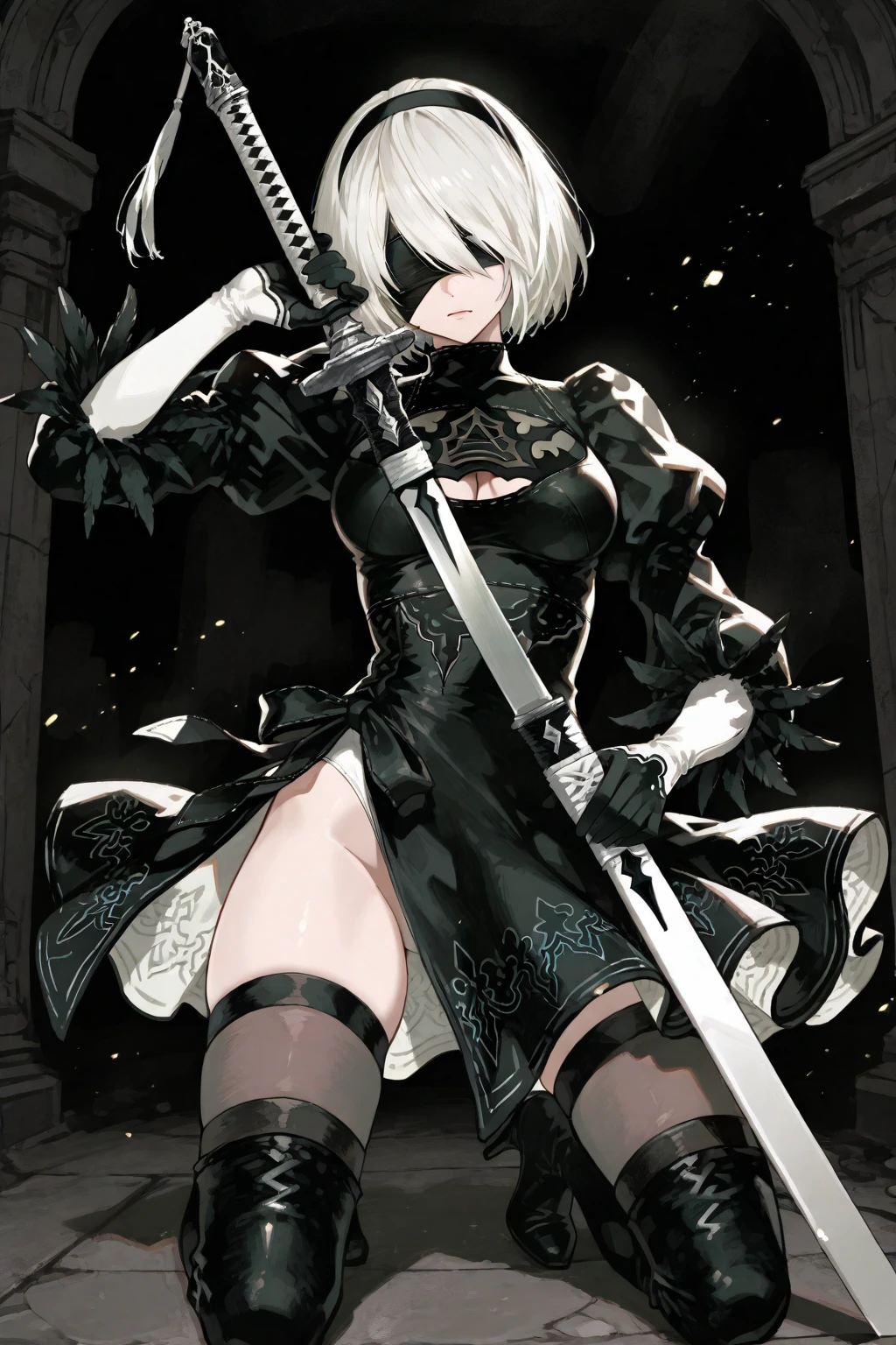 ((one-eyed blindfold)), holy paladin, scythe, dark Heavy armor, absurdres, RAW photo, extremely delicate and beautiful, masterpiece, Best Quality, ultra high resolution, 32k, hyperrealistic, ultra-detailed, detailed description, pale skin, 20 years old, tearful mole, earring, Colossal tits, short medium hair, wavy hair, evil grin, full body shot,