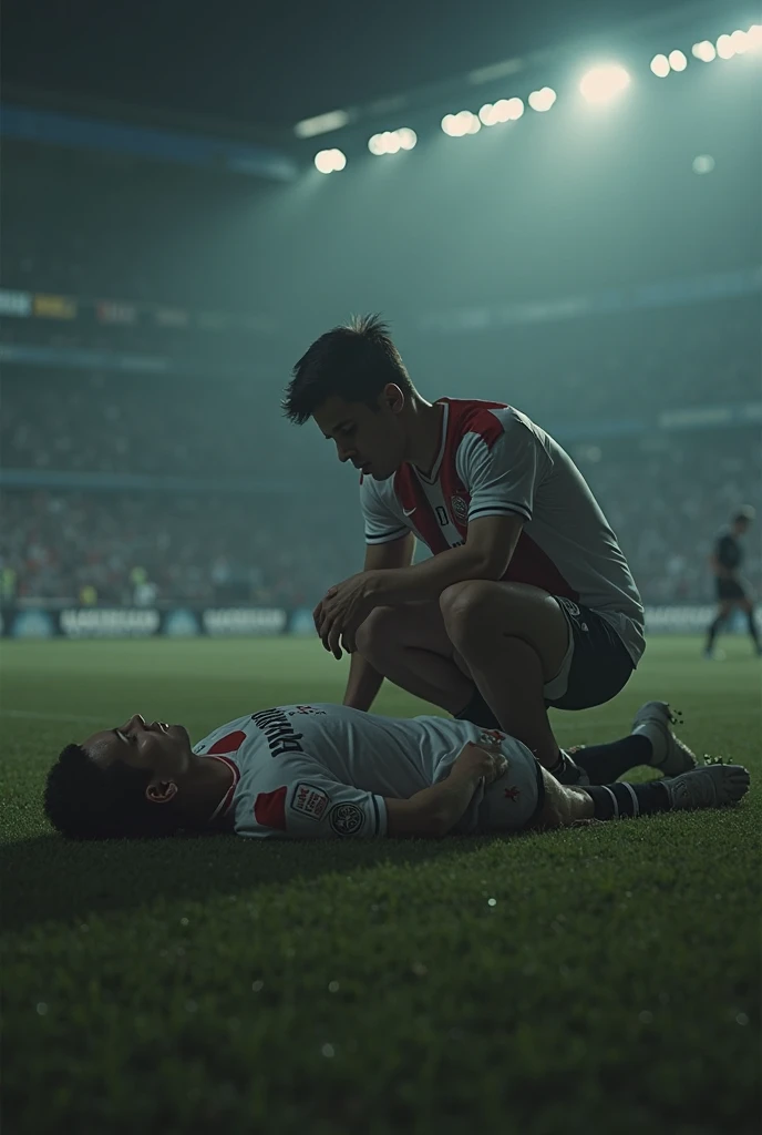 soccer action pose, cradle-carry-pose, Erste help in einem Sportstadion, affection pose, lecherous action pose, dramatic action pose, theatralic pose, There is an attractive long-haired woman, a wounded athlete in her arms, There is a beautiful long-haired woman in a shiny black outfit, who carries a short-haired young footballer in her arms, a long-haired beautiful woman in a high-gloss black down coat, a long-haired woman in a shiny black coat, A woman wears a short-haired man, Wearing a matte cotton sports outfit, a weak man in matte cotton sports shorts is consciousless and needs to be carried, A short-haired man with closed eyes is carried by a long-haired woman, a woman looks very scared and terrified, a consciousless man with closed eyes is suffering very much and has a very painful face, photoshot, photoshotshooting, photographed , accident, help, aid, Erste help, pity