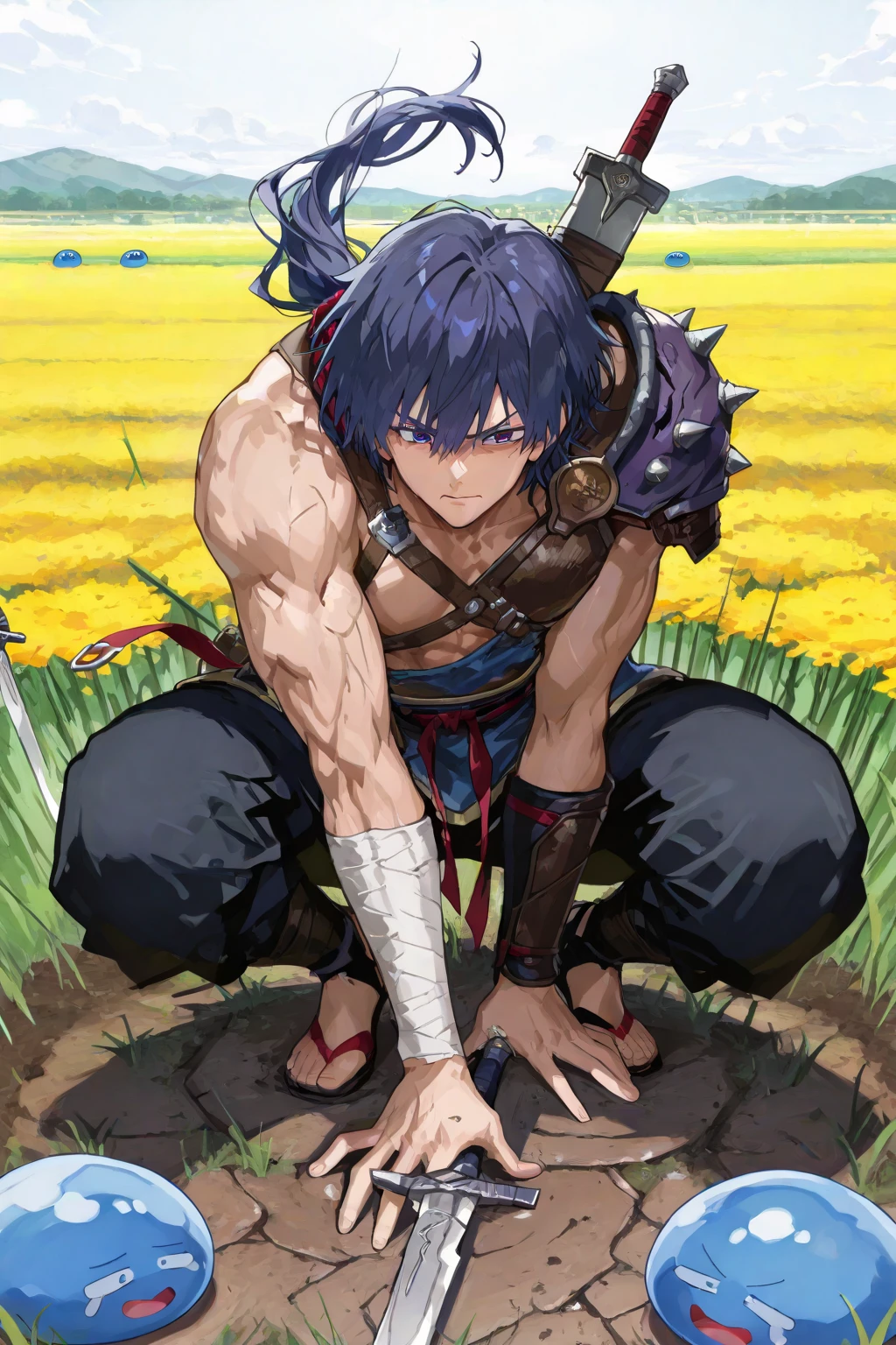 jun beasurv, score_9, score_8_up, score_7_up, source_anime, 1boy, solo, crouching, looking at viewer, bangs, abs, grin, buggy pants, animal ears, hair between eyes, blue hair, sandal, yellow eyes, male focus, armband, fingerless gloves, belt, blue sash, belt, sharp fingernails, facepaint, red vest, shadow, feathers, tassel, ultra quality, ultra highres, ultra detailed, depth of field, 16k, cinematic lighting, amazing shading, soft lighting, Detailed Illustration, forest, <lora:Jun_Sazanami-Beasts_Survival-XLPony-03:1>