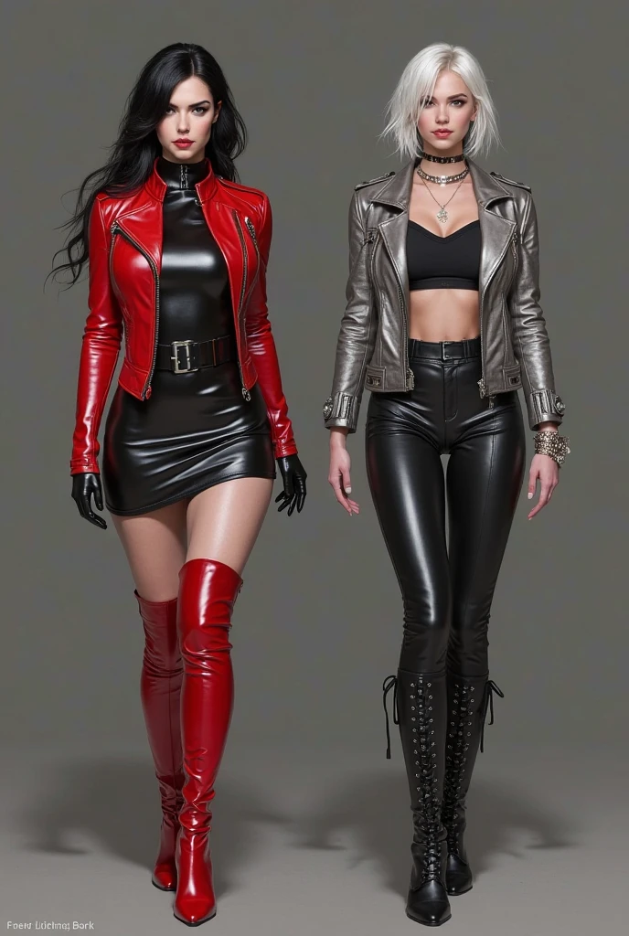 ((Masterpiece, Highest quality)), Detailed face, perfectly proportions, full bodyesbian, Full of details,A beautiful girl,Red leather gloves,Black leather rider jacket,Black leather leggings,Black leather boots,Black leather neckline bodice,High Balance, Natural light