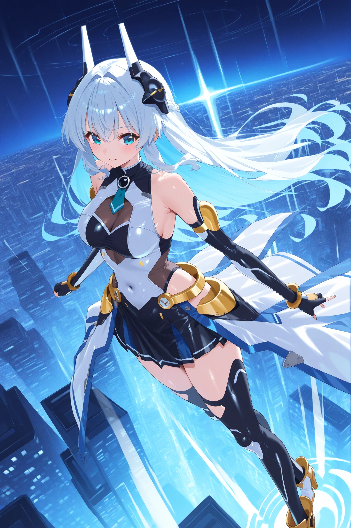 (hyper extreme detailed),(masterpeace),(hyper extreme),(photorealistic),CG,(colour:1.2),1girl, solo, takamori haruka, blue eyes, white hair, white hairband, magical girl, white costumes, white thigh highs, white skirt, moderate breast, look at the viewer, raining, sky, ruins, burning city, cyberpunk <lora:TAKAMORI_HARUKA_V2:0.8>