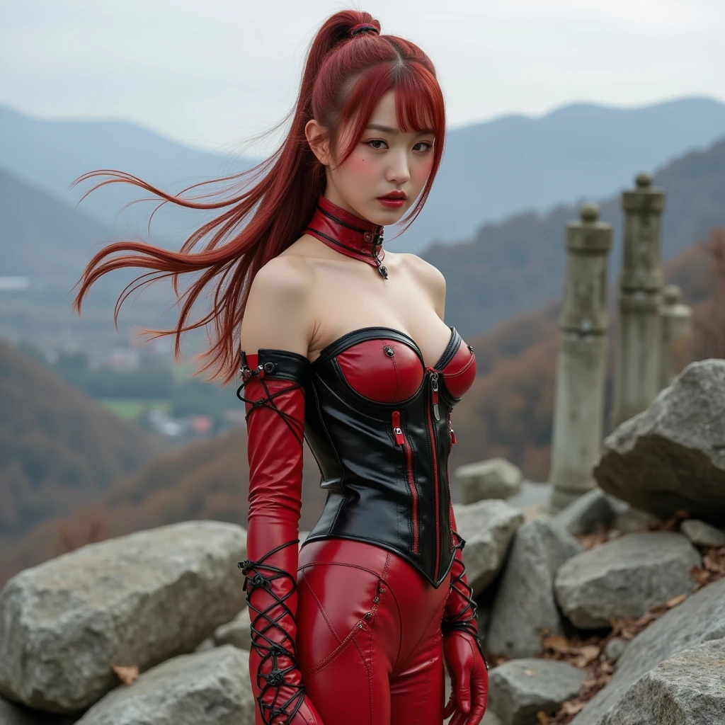 Red-haired、leather bondage、Leather skirt、corsets、Tying up hair、Lots of accessories、wrapped in chains、Wearing gloves、full bodyesbian、Kicking、raise your right leg high、A slender、Small、Long hair、Wolfcut、garterbelts、knee high socks、boots、light skinned、String pants、Overexposed、wearing an eyepatch、Heavy makeup、Red eyes、Building Street、gloves