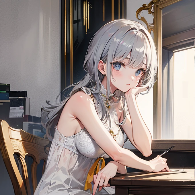 (Extreme Detail CG Unity 8K Wallpapers，tmasterpiece，Highest image quality)，(Delicate light and shadow，The picture is highly dramatic)，Ray traching，classical bedroom，looking at book ，long  white hair，Golden eyes，Nice face，lipstick，Red eyeshadow，long eyelasher，Wear casual attire，Slender figure，sit on chair，ellegance，Next to it is a table，Faraway view，wide angles，4/3 angles，Authentic texture，