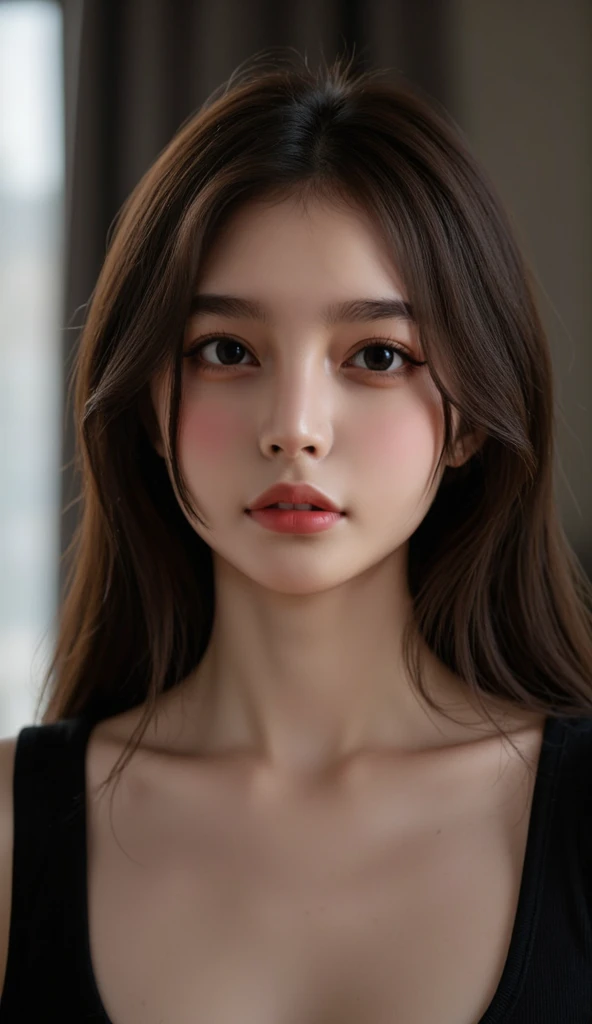 (White Bra, Shirt Lift, Self Lift: 1.2), from top, upper body, masterpiece, top quality, raw photo, photorealistic, big, face light, shiny skin, absurdity, high resolution, super detail, detail, detailed eyes and face, sharp pupils, realistic pupils, sharp focus, evil smile, indoor, brown hair, shirt lift, self lift