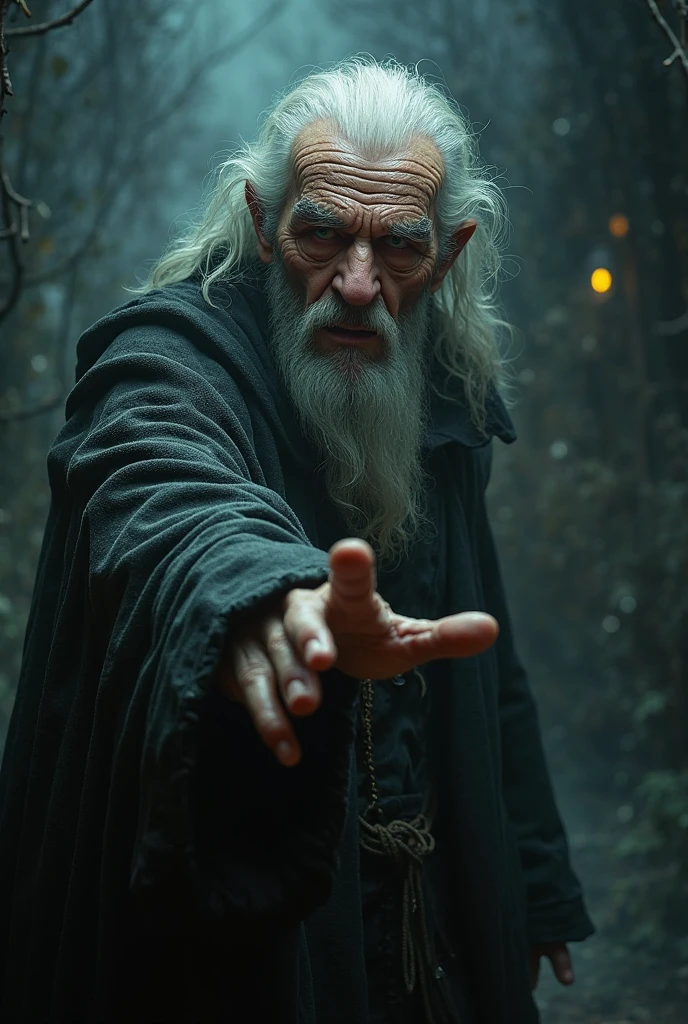 close on the face, hooded old mage, white hair, short beard, blind of one eye, scars on the face, dark black robe, rags, cave on the background, snake's skull staff