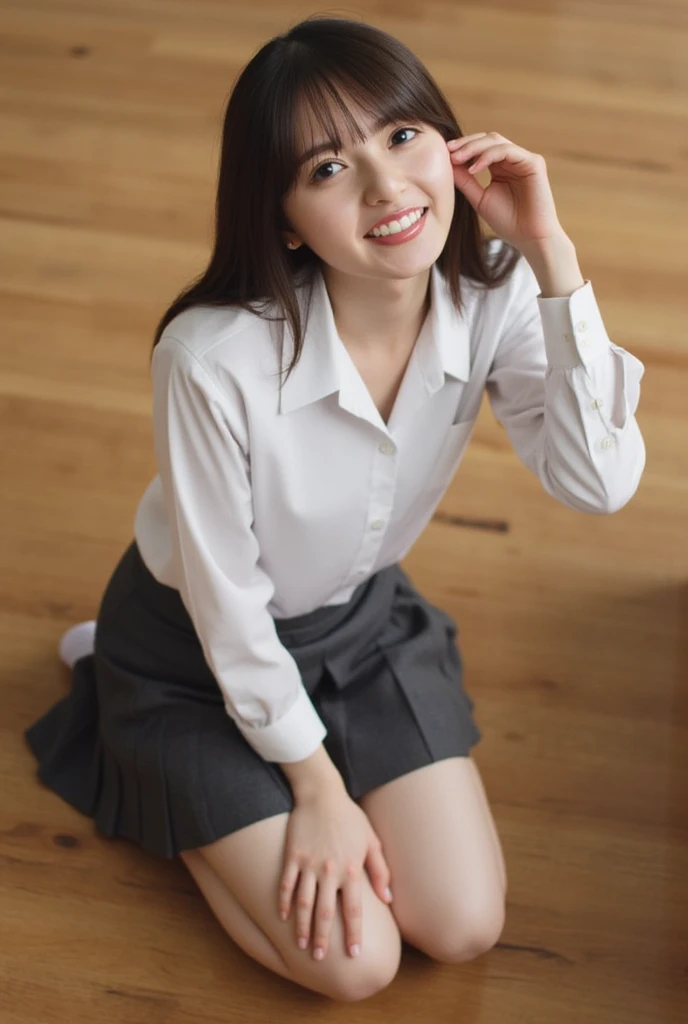 ((highest quality、8k、masterpiece:1.3)),((((cowboy shot)))),Ultra-high resolution,big eyes,Japanese,bangs,(a girl),(1 girl),((20 years old)),((facing at viewer)),(long hair),(((black school uniform))),grin,((sitting on chair)),(pleated mini skirt),(((pussy))),((pubic hair)),(((open legs))),((skirt lift))