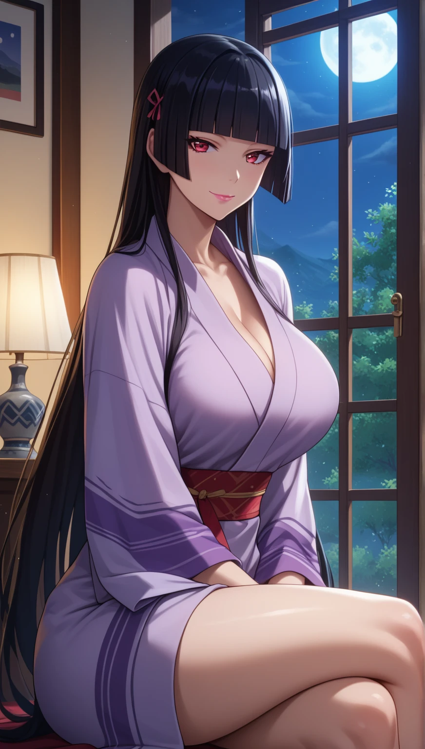 (best quality:1.5, highres, UHD, 4K, detailed lighting, shaders, HDR), himejima akeno, long ponytail, large breasts, off shoulder yukata, cleavage, sexy, smiling, close shot, thighs, standing, night background