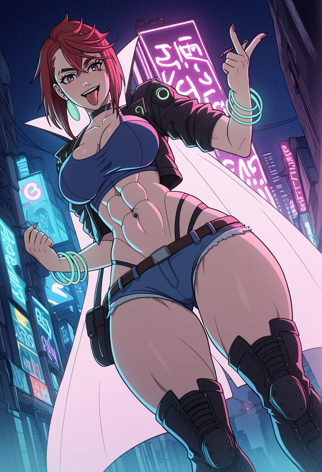 Masterpiece, Best Quality, High Resolution, Brown Hair, Bangs, Short Hair, Bangs, Braid, Aqua Eyes, V-shaped eyebrows, Headphones, perfect anatomy, cowboy shot, Purple and white leotard, thigh-high boots, matching boots, fingerless gloves, bare legs, dynamic action pose, holding weapon, pistol, Beretta 92, New York backdrop, nighttime, outdoors, Diffraction Spikes, light particles, 1girl, Solo, Hair Between Eyes, Red Hair Bow, Anatomically Correct, Anime Style.