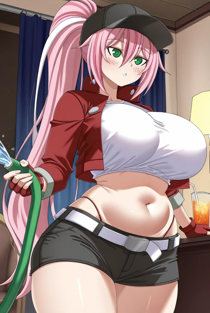 masterpiece, superlative, gray hair, long hair, open legs, white pantyhose, white bra, straight, radiant skin, juice, wet, sweating, tattoo, steam wave, big breasts, loli, bathroom, pink hair, purple eyes, m-legs, leg up,