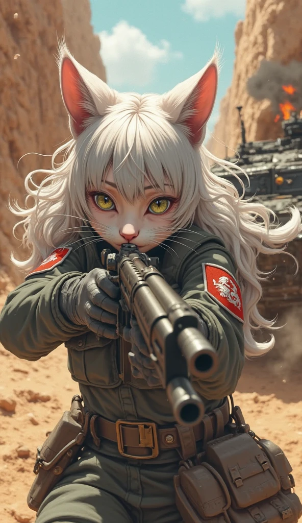 In a realistic 3DCG style、Please draw a 25 year old woman with average facial features of a Japanese female idol.。She has cat ears and long silver hair tied in a ponytail.、She is wearing a white V-neck T-shirt and skirt。The view is from a bottom angle、Please set it so that your whole body is visible.。She stands strong and dignified.、In the background is a tank equipped with a large, realistic main gun.、The tank had『res』It is written that。Please realistically express the scene that highlights the character's determination and presence.。