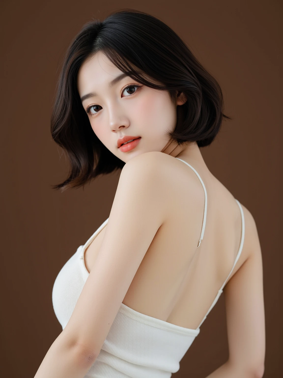 1girl, Ultra Detailed Skin, View, Brown Eyes,Big Eyes, (Shoulder-length Short Hair with Bangs:1.2), (Photorealistic:1.4), (Best Quality:2.0), (Ultra HD:1.0), 8K, (Masterpiece:1.5),Ultra Fine ,(pureerosface_v1:1.5),Button Up Shirt,Grey Suit,Pants,Working Woman,Exposed cleavage,Big,dynamic lighting,skin is shining,pink glowing lipstick,white beautiful skin,(sexual arousal:1.1),office,ass,back to camera,beautiful shape ass,buttocks sticking out towards camera