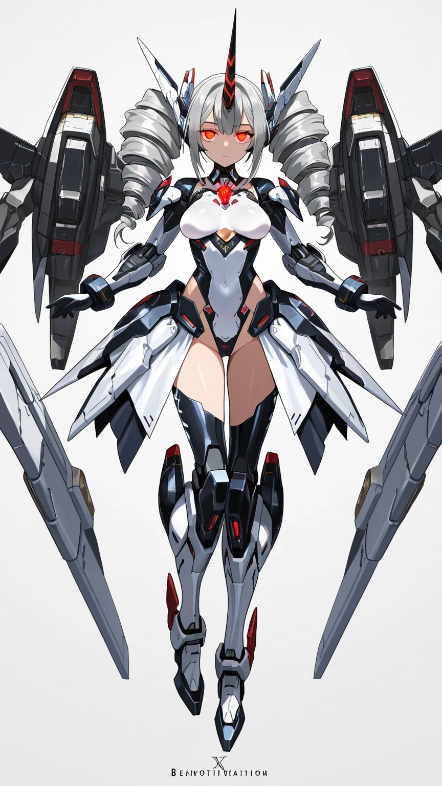 (((Masterpiece)))), (((highest quality)))), ((Ultra Definition)), (Very Detailed Photoreality), ((Very Delicate and Beautiful)), (Delicate and Pretty Face), Cinematic Light, (((1 Girl)), Solo, Full Body, Big, Cleavage Is Visible Skin, White Hair, Purple Eyes, Glowing Eyes, Thighs Exposed Skin, (Mechanical Joints: 1.4), (Mechanical Limbs)), ( blood vessels connected to tubes), (((mechanical vertebrae attached to the back)), ((cervical vertebrae of the machine) attached to the neck)), ((sitting)), expressionless, (wires and cables attached to the head and body: 1.5), (character focus), small LED lamps on the body, Gundam, sci-fi, metal, metallic body, detailed neon, hydraulic cylinder