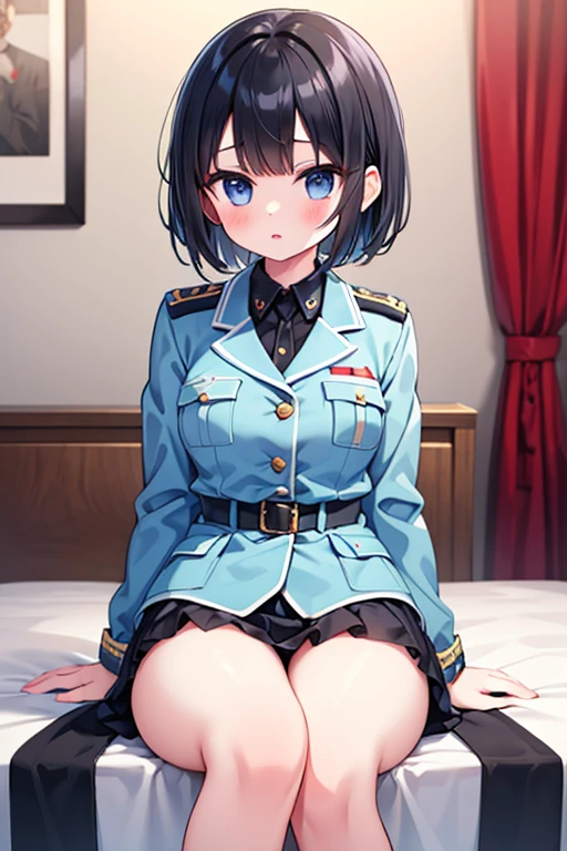 whole body,Military-style for girls, skirt,shiny navy hair,short hair, Parted bangs, Yellow Eyes, Large Breasts, Simple Background, Large Breasts, (Spread your legs),(rape,rape),Intense penetration sex,Creampie Sex,Captive of Pleasure,