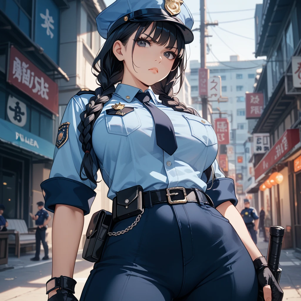 A sexy police girl with a big breasts in front of a house
