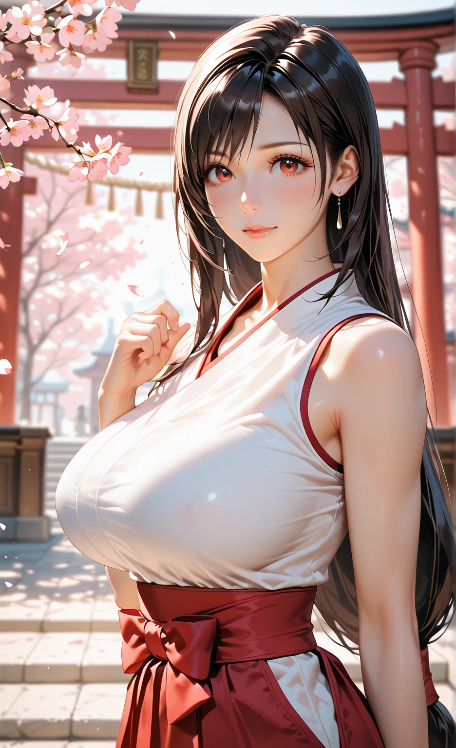 nude, Youghal, (Mature,  bangs, side lock, red eyes, black hair, hair ornaments, Popping milk 3),girl portrait, (face:1.2), Female student, 笑face,bare shoulders, black hair, Cherry Blossom), willow branches, (Masterpiece of the highest quality :1.2),  NSFW