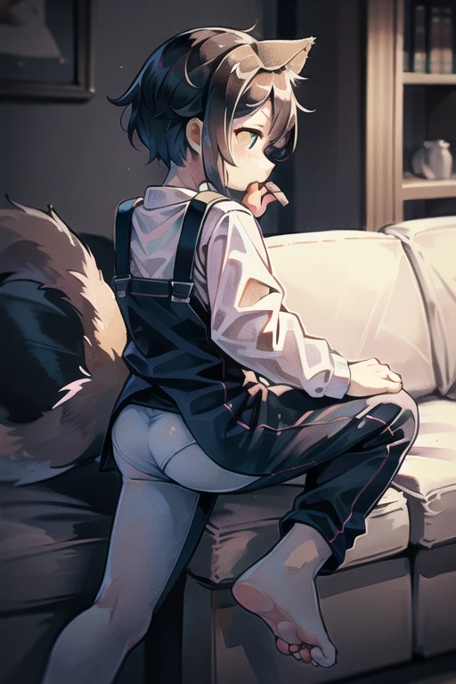 (((1boy))), wolf ears, wolf tail, short fluffy black hair, yellow eyes, slim waist, ultra masterpiece, livingroom setting, big thighs, wide hips, black hoodie, black booty gym shorts
