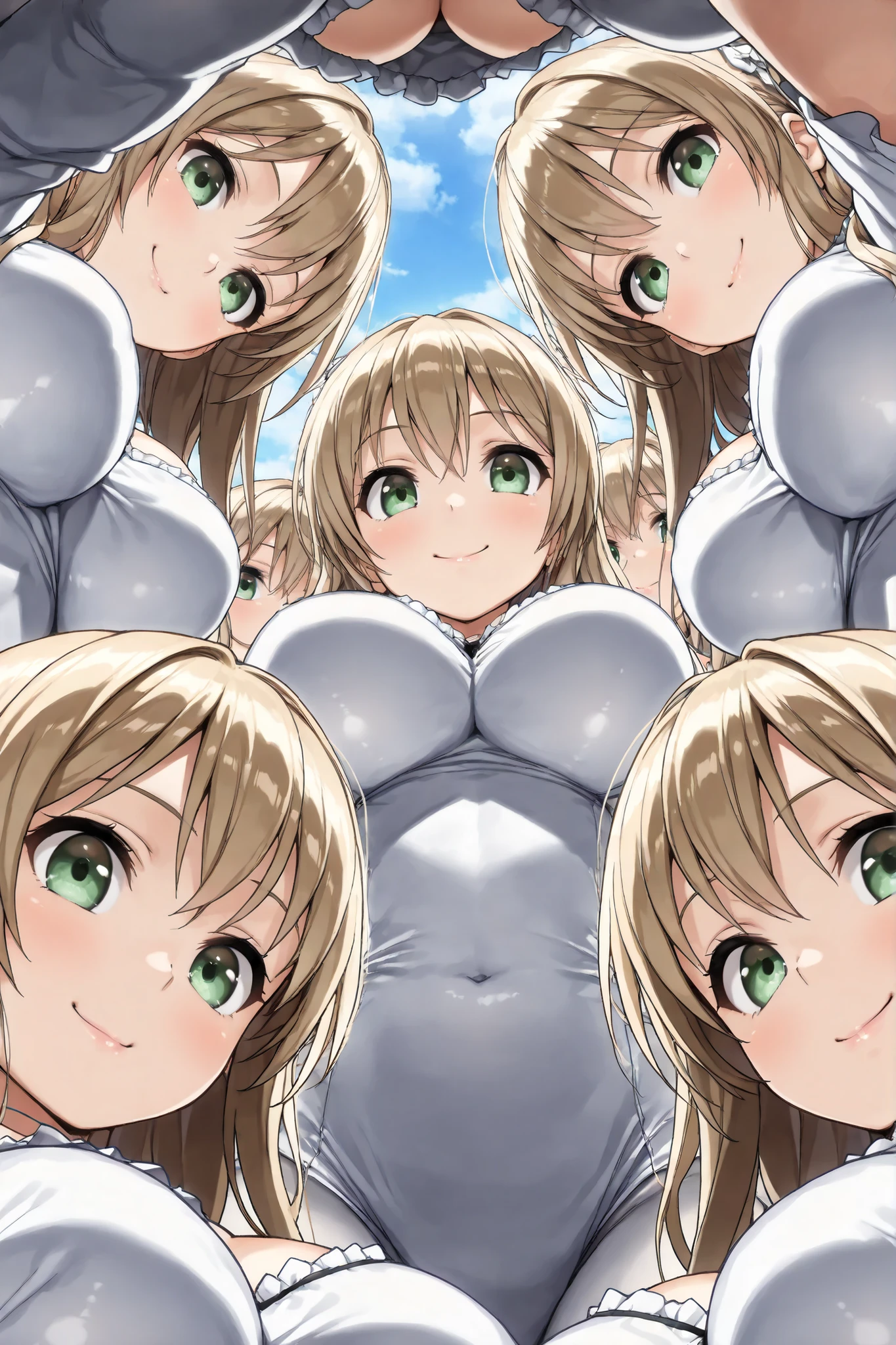 score_9_up, score_8_up, score_7_up, real_Anime, BREAK ((masterpiece, top quality, best image quality, high resolution, highly detailed CG integration 8K wallpaper)), clone girls, clone twins, 6+clone girls, Clone girls only world, beautiful young woman background, cute smile, beautiful eyes carefully drawn down to the smallest detail, shiny lips ,realなスキンテクスチャー, Glossy Skin, Smooth Hair , Super Big Breasts, beautiful round breasts, Tight Waist, wide hips, Attractive perfect body , Clothed woman), (accurate 3Point perspective drawing, Very Accurate Perspective Depiction, Ultra-wide field of view, from below), ((Super crowded , Super dense, Super tight , Fill in a super large amount, clone girls_Ride Position_selfplay)),