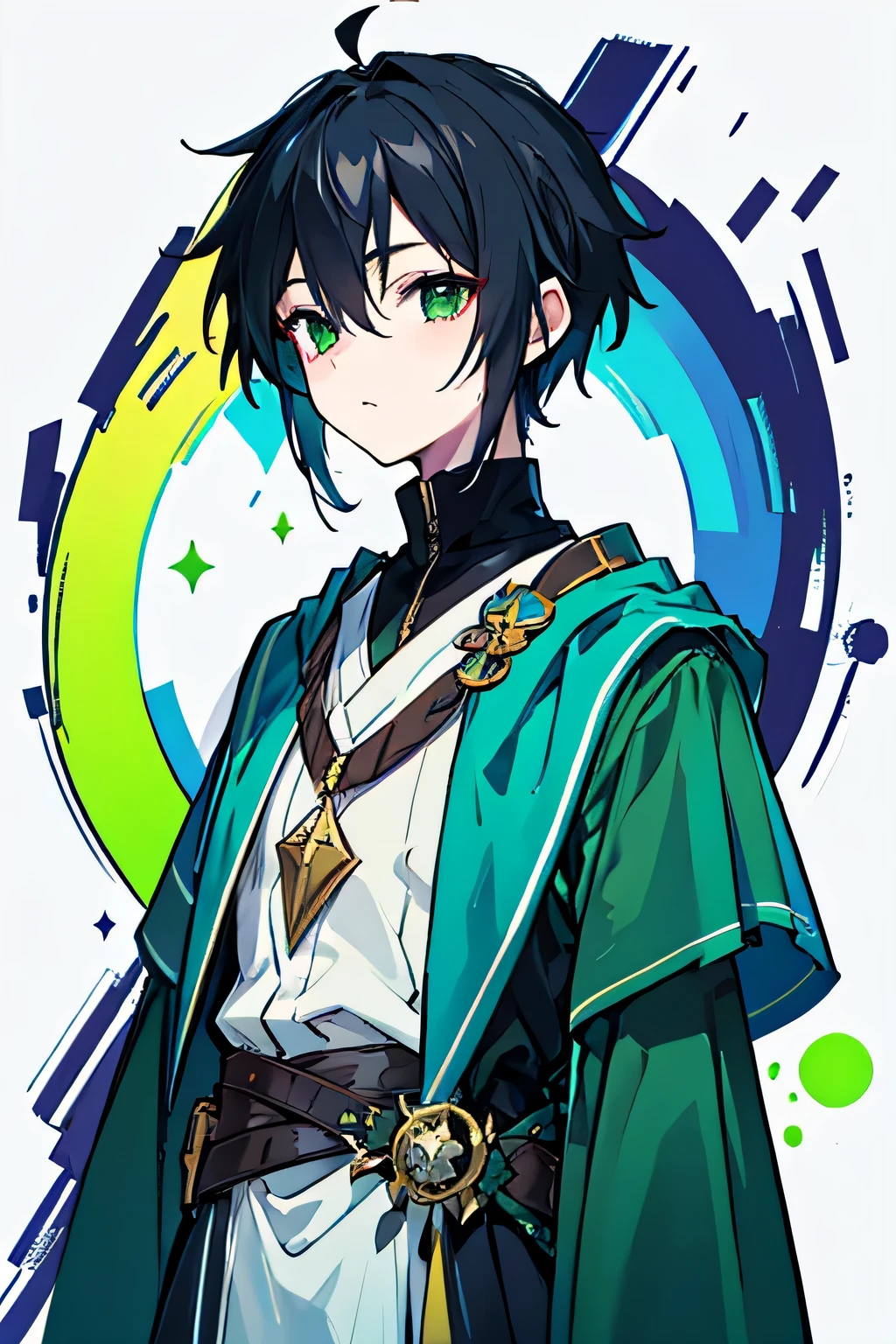 young man, 1 man, black hair, inner color, green, wizard-like clothes, cool man, small icon