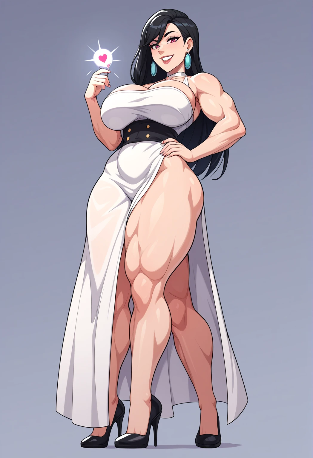 wide hips curvy thick thighs voluptuous large breasts muscular toned body bodybuilder black hair pale skin yellow eyes skintight expressionless sad sad wedding dress wedding dress wedding dress
