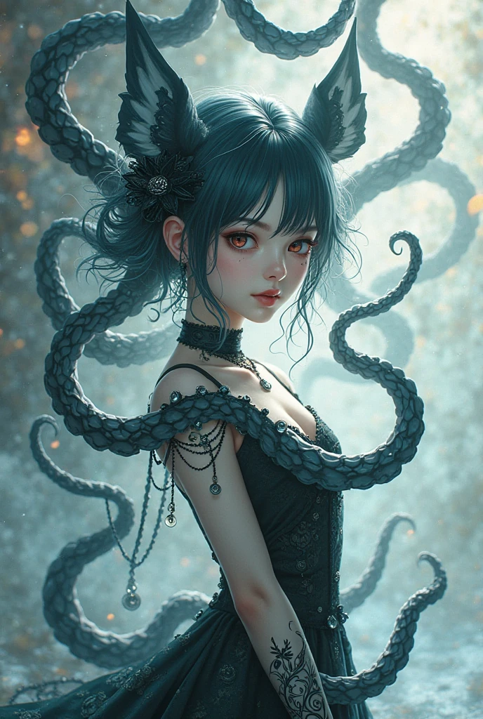 Studio lighting, (best quality:1.4),masterpiece,ultra-detailed,delicate features,delicate skin,realism,beautiful lighting,cowboy shot,1girl,black hair ,blues eyes ,tareme,long hair,gleaming skin,, ((squid tentacles for hands, lots of tentacles)) netted nightie, gown,