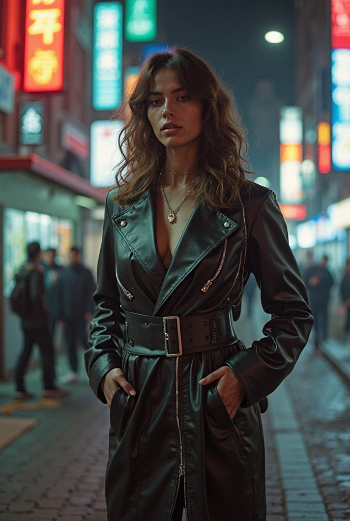 A photorealistic FHD portrait of a 21-year-old french girl like adele Exarchopoulos. She stands confidently in the middle of a bustling urban street at night. She's dressed in a sleek black leather jacket over a form-fitting crimson dress, exuding a rock-chic vibe. Her hair is styled in a short, edgy pixie cut, dyed jet black with a bold streak of silver. Her makeup is dramatic, with dark eyeliner and deep red lipstick, highlighting her fierce expression.
The city lights behind her are a blur of colors, creating a dynamic backdrop as cars and people pass by. She stands tall, one hand in her pocket and the other holding a cigarette, her eyes gazing directly into the camera with a cool, mysterious allure. The scene captures a moment of raw energy and modern style, set against the vibrant nightlife of the city.