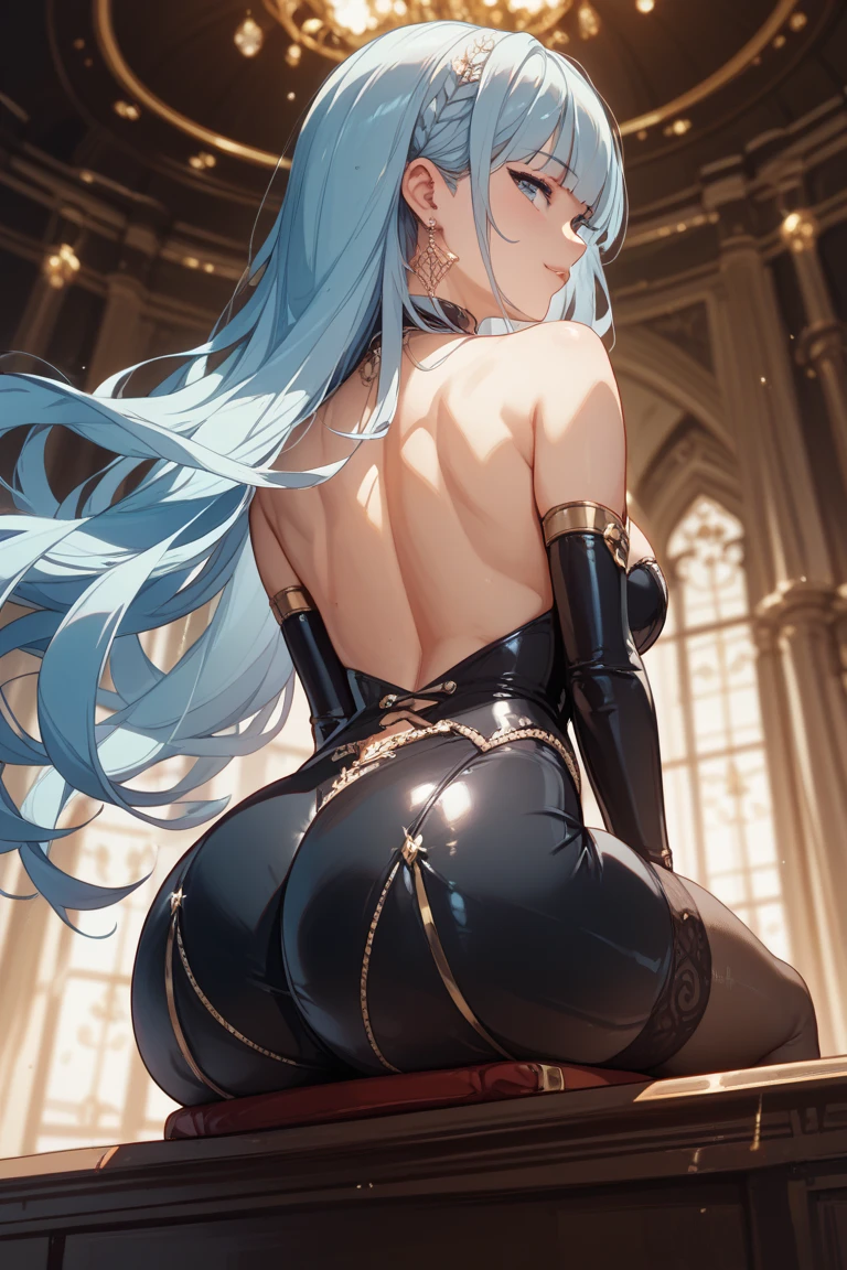 (((1 demon woman))), ((detailed blue eyes)), ((long silver hair)), large breasts, curvy hips, perfectly drawn body, seductive smile, narmaya, perfect butt, rear view, backside view, best quality, masterpiece, ultra-detailed