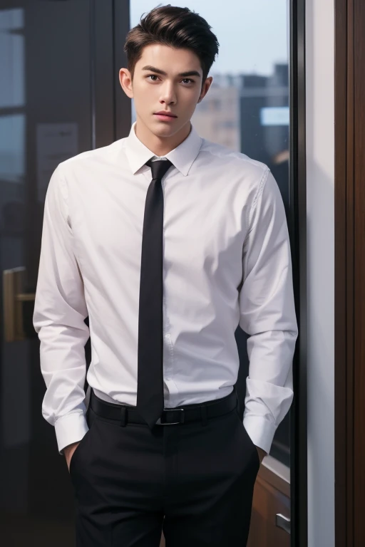 (Masterpiece、Perfect beauty), (Young Man, Black short hair), (secretary, suit), President's office, Modern Office,Subdued lighting,