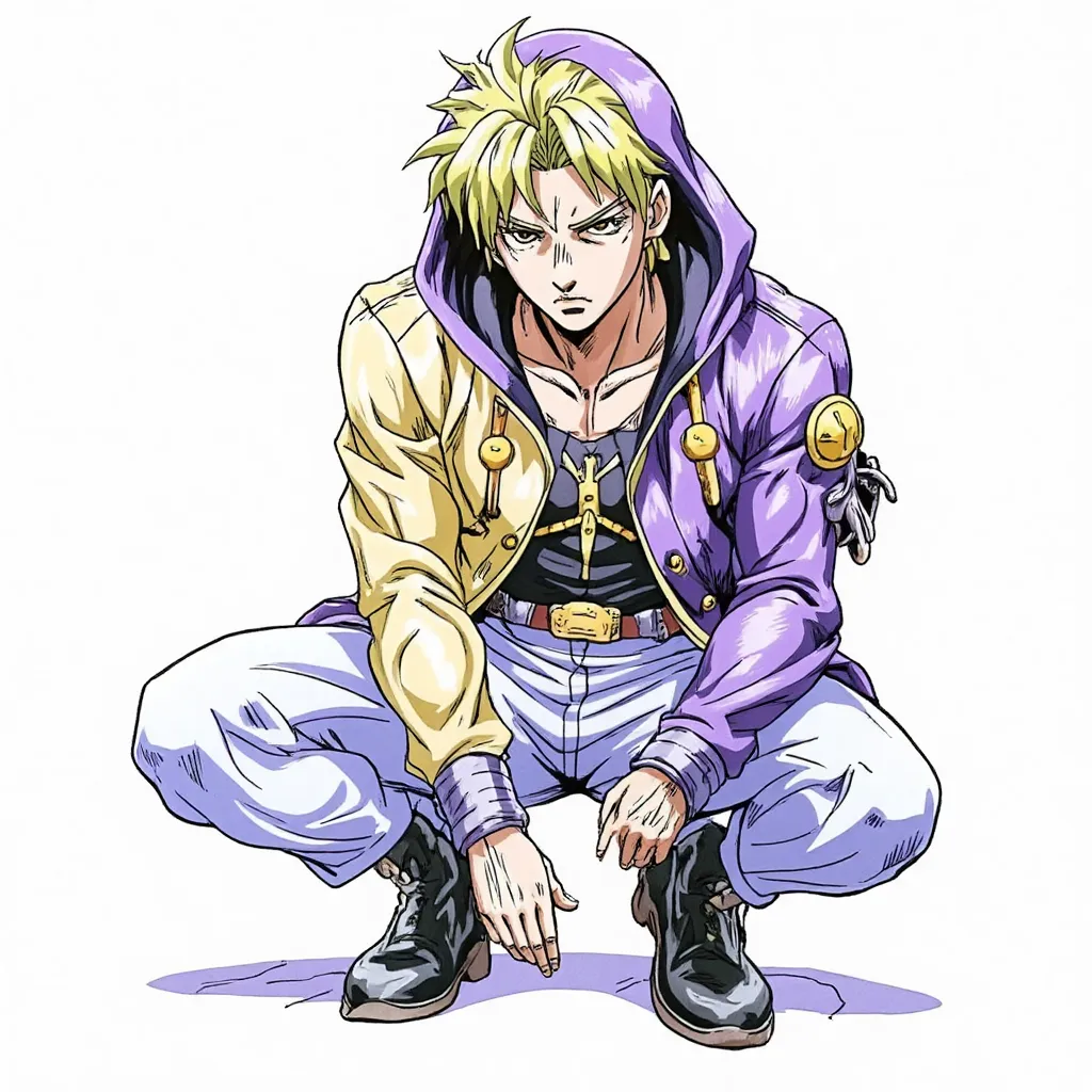 <lora:add_detail:0.54>perfect face, strong nose, western, Johnny Joestar, araki hirohiko (style), amazing anatomy, masterpiece, best quality, 1boy,  johnnyjojo, blonde hair, hat, blue lipstick, official artstyle, male, male focus, manga, hoodie, sitting, pants,  young:0.98,  <lora:johnnyanyver:0.96>