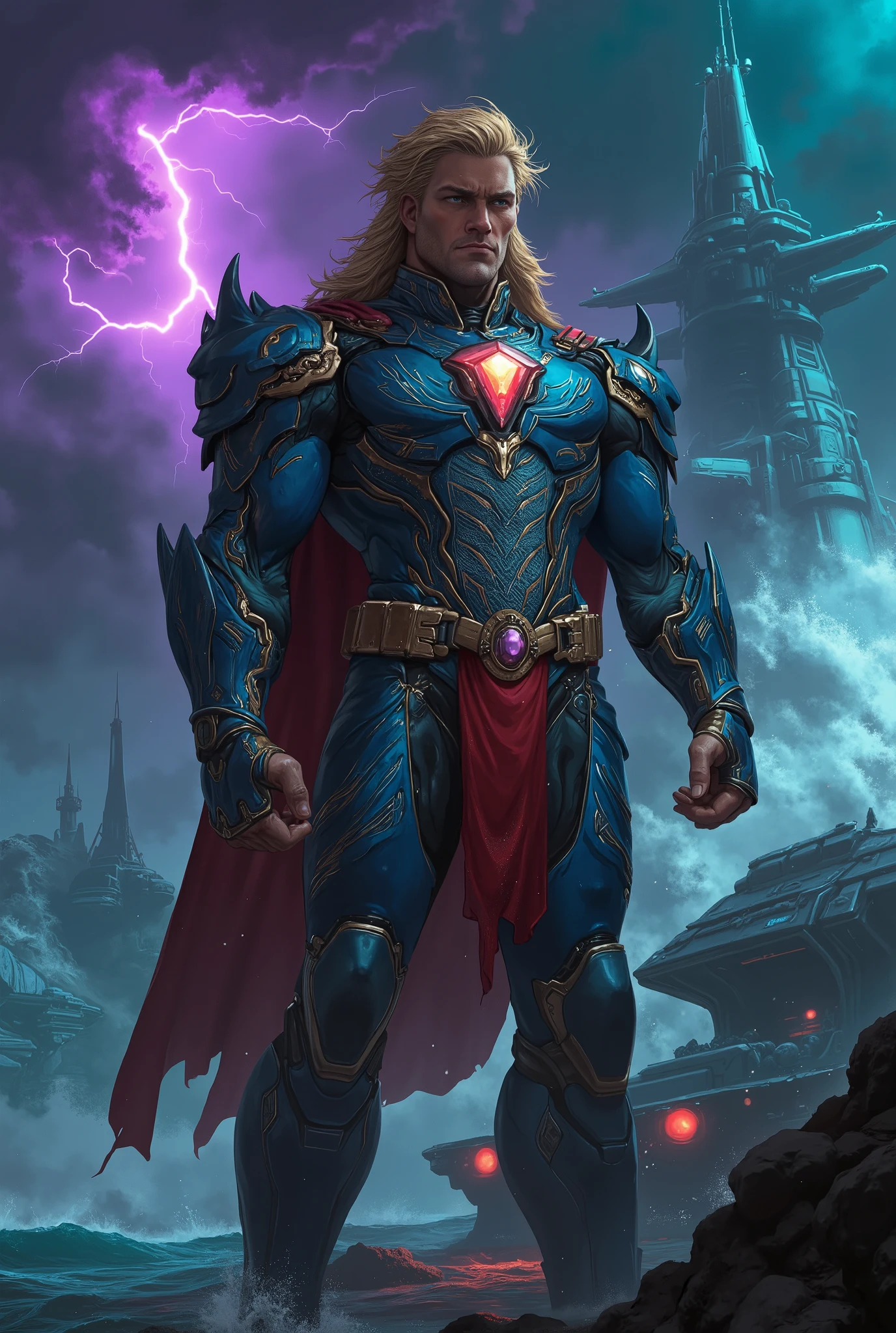(8k, best quality, masterpiece, ultra-detailed, photorealistic, intricate details), epic character portrait of a majestic sea overlord. A powerfully built, tall middle-aged man with a god-like presence. He has a handsome, weathered, aristocratic face with a chiseled jawline and piercing sapphire-blue eyes that glow with cold, inner power. His hair is a mane of thick, short, tousled golden strands, streaked with silver.
He is clad in a form-fitting nanotech battlesuit of deep indigo and burnished gold, accented with intricate white filigree and glowing crimson circuitry. Polished obsidian armor plates protect his chest and shoulders. A magnificent belt, set with a large, pulsating ruby, cinches his waist. A short, tattered crimson cape, attached to his ornate pauldrons, billows violently in the fierce wind.
He stands in a commanding, regal pose on the observation deck of a colossal, hyper-advanced dreadnought crafted from ancient, iridescent alloys that hum with contained energy.
The background is a chaotic, tempestuous ocean, with mountainous, frothing waves of dark turquoise water churning and crashing against the hull. The sky is a Maelstrom, a swirling vortex of bruised purple and black storm clouds, dramatically illuminated by frequent, brilliant flashes of lightning.
(Cinematic volumetric lighting, dramatic atmosphere, dynamic composition). Style of Greg Rutkowski, Artgerm, and Ruan Jia. Trending on ArtStation. (Flawless anatomy, perfectly rendered hands).
