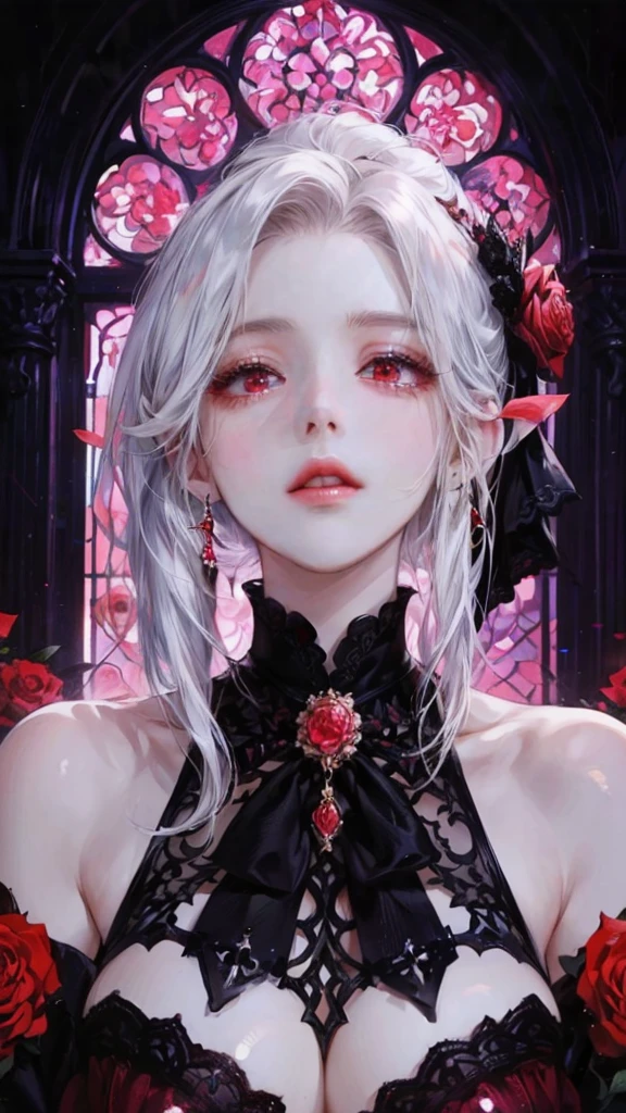 Blonde Girl,White hair,Red rose,necklace, Gu Weiss on pixiv artstation, Gu Weiss, Gu Weiss on artstation pixiv, artwork in the style of Gu Weiss, Gu Weiss masterpiece, Popular on artstation pixiv, Anime Art Wallpaper 4K, Anime Art Wallpaper 4K, Detailed digital anime,Beautiful and charming water blue eyes