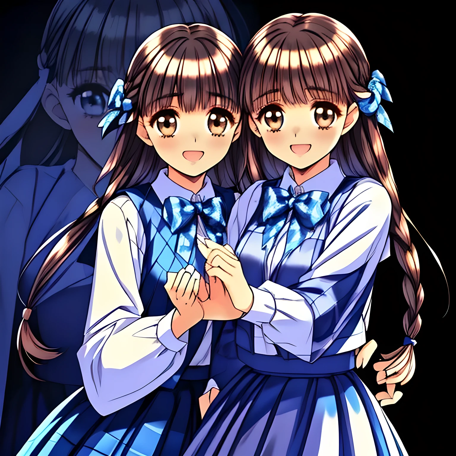 (highest quality, masterpiece, clearly detailed:1.5), ((highest quality)), ((High resolution)), (So cute face, most beloved, neatest elder knowledgeable ((completely perfect beautifully grown and evolved with grace, but bewitching like noble succubus)), noble beautiful beautiful fashion models with detailed, ((svelte silhouette)), Cloistered beauty, Pristine atmosphere, with beautiful hands and fingers, 160cm height, with detailed: 1.4), (laughing white shiny face with unreal beauty, overflowing with translucence and cute laugh at me, with detailed: 2.0), ((Neatest school winter vest-style uniform, pristine (white clean silk blouse with sleeves) under the dark navy-blue vest, and ((dark navy-blue & dark-blue shiny checker (Conservative middle-length) plaid pleats school skirt)), shiny-blue bow-tie, with detailed: 1.8)), (Beautiful brown (Japanese (dolly) popular fashion model's ((super-intelligent cool)) eyes): 1.5), (clearly detailed foreground: 1.9), ((purity and neatness of pristine school uniform is very impressing and refined): 1.8), (focus on her twin-braids hair and neat skirt: 1.9), (shiny brown twin-braids styled hair, bangs trimmed carefully: 1.7), (plain black background: 2.0), (ethereal ephemeral maiden, Make the viewer dream about their body continuously everyday: 2.0), (Promotion of lady's high-class cheat-strategy school to make men fall into love and realize deep allured desire by pure beauty and uniform: 1.8)