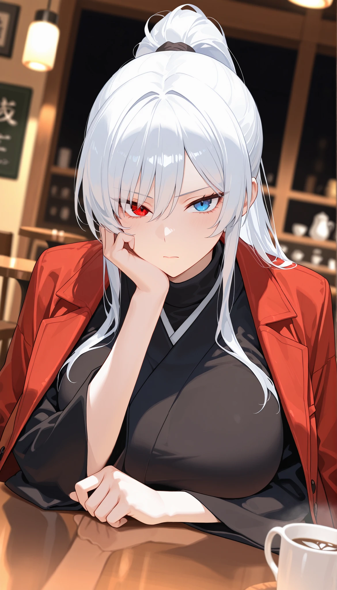 best quality, masterpiece, absurdres, 1girl, solo, heterochromia, red_eye, blue_eye, white_hair, long_sleeves, large_breasts, tall, mature_female, long_hair, red_coat, open_coat, black_kimono, hair_over_one_eye, tsurime, turtleneck, formal_clothes, Japanese_clothes, dynamic from front angle, ponytail, upper_body, indoors, dark_background, table, head_on_hand, cup, serious_expression, blurry_background, cafe, wide_sleeves,