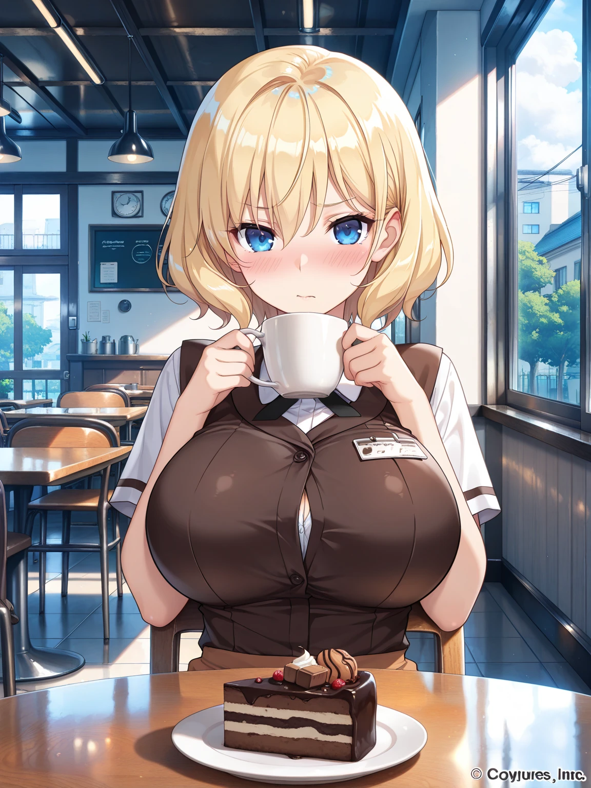 from below:1.2, masterpiece, best quality, highres, JK,huge tit,1girl,pov, give viewer a cup of bubble tea, black bow,black bowtie,blonde hair,bow,bowtie,breasts,hair bun,holding hands,interlocked fingers,long hair,looking at viewer,multiple girls,pink hair,pleated skirt,shirt tucked in,short hair,skirt,smile,tented shirt,in street