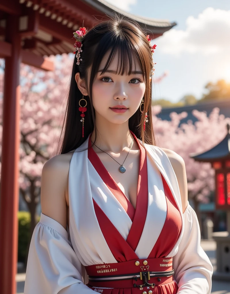 Diffuse lighting、 Highest quality, High resolution, unity 8k wallpaper、Supersaturation, colorfulに, 8k解像度, 1 female、Japanese、23 years old、Close-up portrait、Fantasy、mysterious、Standing in front of the red torii gate、Fantasyな真夜中、Woman with a Fan, onmyoji, onmyoji detailed art, onmyoji portrait,  4K, 8k,   Onmyoji、Spirit medium、colorful, Full moon in the night sky、 onmyoji, kimono,  alone, Holding, cherry blossoms, kimono, flower,Red Bikini、Bikini with red string、female, hair ornaments,  In-person audience, hair flower,  Wide sleeves, flowerびら,   smile,  architecture, lanthanum, White skin, east asian architecture, Hair above the eyes, Open your mouth, Outdoor, Upper body close-up、