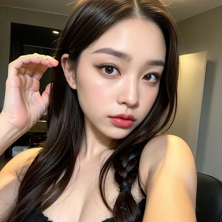 Beautiful big breastokeh), indoors, detailed luxury living room, gentle and charming beautiful goddess, Korean(kpop-idol), solo, necklace, oval face, double eyelids, smart, good hands, good feet, Natural, (from below angle), (glossy skin:1.05), ((low angle)), Perfect figure, (64k, UHD, RAW photo, best quality, masterpiece:1.4), (realistic, photo-realistic:1.37), ultra high res, photon mapping, radiosity, physically-based rendering, professional soft lighting, purpel eyes