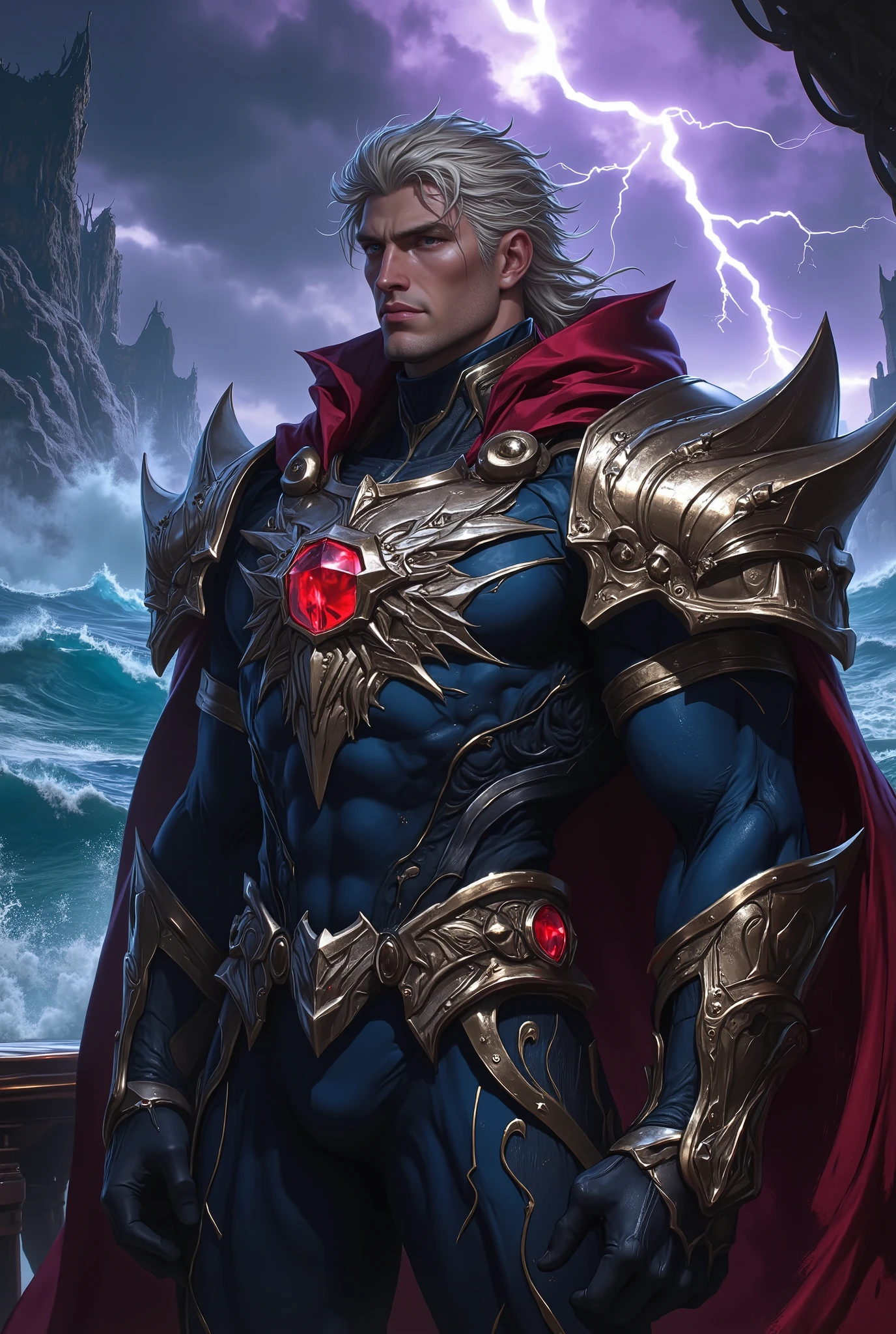 (8k, best quality, masterpiece, ultra-detailed, photorealistic, intricate details), epic character portrait of a majestic sea overlord. A powerfully built, tall middle-aged man with a god-like presence. He has a handsome, weathered, aristocratic face with a chiseled jawline and piercing sapphire-blue eyes that glow with cold, inner power. His hair is a mane of thick, short, tousled golden strands, streaked with silver. He is clad in a form-fitting nanotech battlesuit of deep indigo and burnished gold, accented with intricate white filigree and glowing crimson circuitry. Polished obsidian armor plates protect his chest and shoulders. A magnificent belt, set with a large, pulsating ruby, cinches his waist. A short, tattered crimson cape, attached to his ornate pauldrons, billows violently in the fierce wind. He stands in a commanding, regal pose on the observation deck of a colossal, hyper-advanced dreadnought crafted from ancient, iridescent alloys that hum with contained energy. The background is a chaotic, tempestuous ocean, with mountainous, frothing waves of dark turquoise water churning and crashing against the hull. The sky is a Maelstrom, a swirling vortex of bruised purple and black storm clouds, dramatically illuminated by frequent, brilliant flashes of lightning. (Cinematic volumetric lighting, dramatic atmosphere, dynamic composition). Style of Greg Rutkowski, Artgerm, and Ruan Jia. Trending on ArtStation. (Flawless anatomy, perfectly rendered hands).