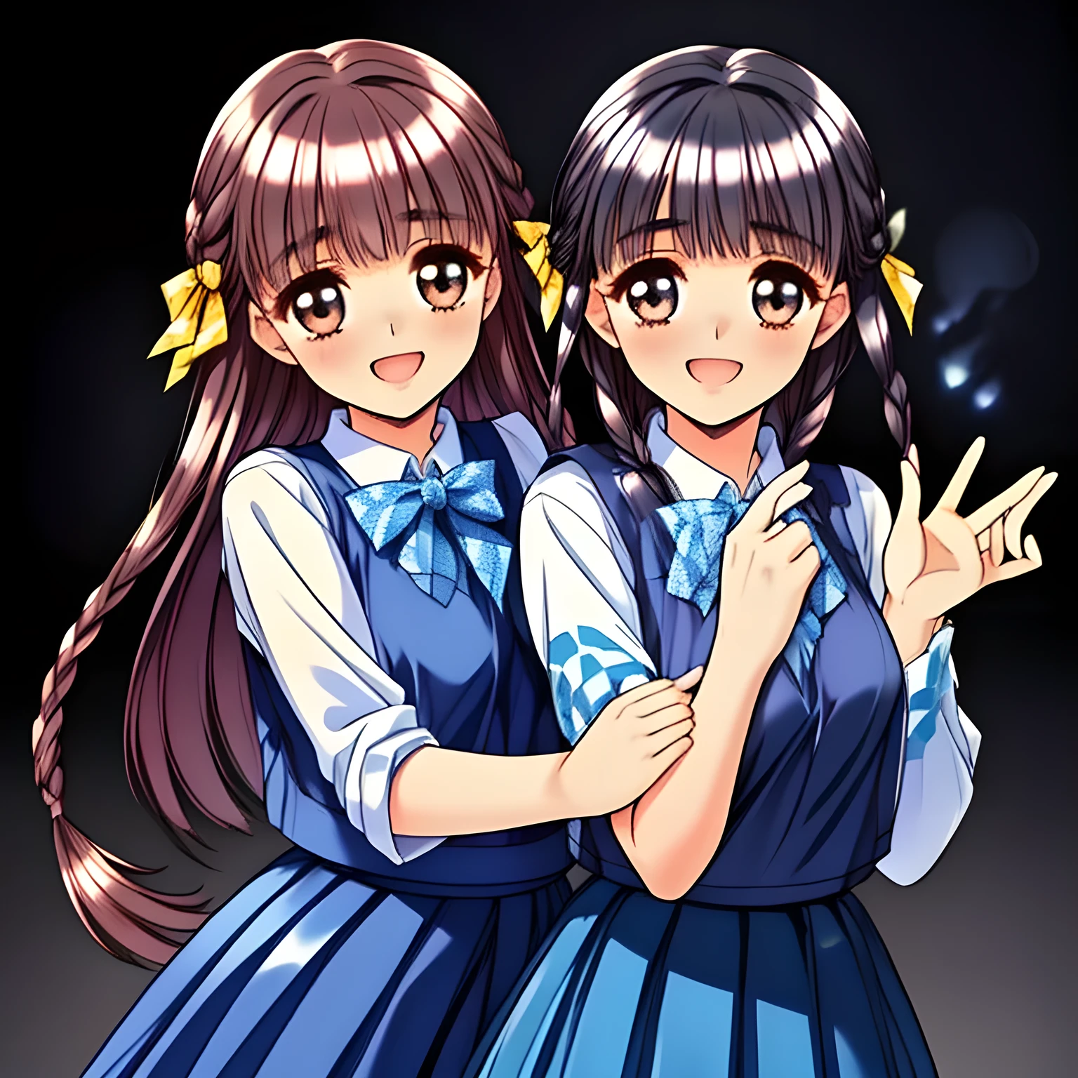 (highest quality, masterpiece, clearly detailed:1.5), ((highest quality)), ((High resolution)), (So cute face, most beloved, neatest elder knowledgeable ((completely perfect beautifully grown and evolved with grace, but bewitching mind like noble succubus)), noble beautiful beautiful fashion models with detailed, ((svelte silhouette)), Cloistered beauty, Pristine atmosphere, with beautiful hands and fingers, 160cm height, with detailed: 1.4), (laughing white shiny face with unreal beauty, overflowing with translucence and cute laugh at me, with detailed: 2.0), ((Neatest school winter vest-style uniform, pristine (white clean silk blouse with sleeves) under the dark navy-blue vest, and ((dark navy-blue & dark-blue shiny checker (Conservative middle-length) plaid pleats school skirt)), shiny-blue bow-tie, with detailed: 1.8)), (Beautiful brown (Japanese (dolly) popular fashion model's ((super-intelligent cool)) eyes): 1.5), (clearly detailed foreground: 1.9), ((purity and neatness of pristine school uniform is very impressing and refined): 1.8), (focus on her twin-braids hair and neat skirt: 1.9), (shiny brown twin-braids styled hair, bangs trimmed carefully: 1.7), (plain black background: 2.0), (ethereal ephemeral maiden, Make the viewer dream about their body continuously everyday: 2.0), (Promotion of lady's high-class cheat-strategy school to make men fall into love and realize deep allured desire by pure beauty and uniform: 1.8)