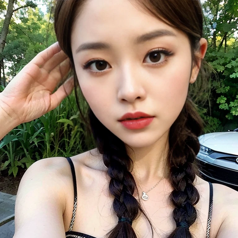 （lifelike, realistic， high resolution：1.3）， 1 fille avec un corps parfait， Super fine face and eyes，Longhaire，pigtails,  Very tight tank top in random colors：1.2， jupe courte， very big breasts，protruding breasts, Exposer le décolleté