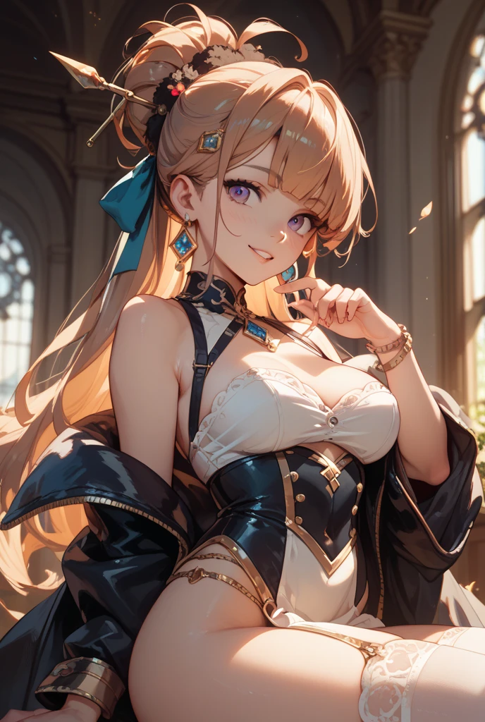 1girl, medium breasts, blue eyes, (((honey gold hair))), hair ornaments, tall, young, outfit-gladiia, long hair, tied hair, indoors, black shorts, thigh-highs, low twin ponytail