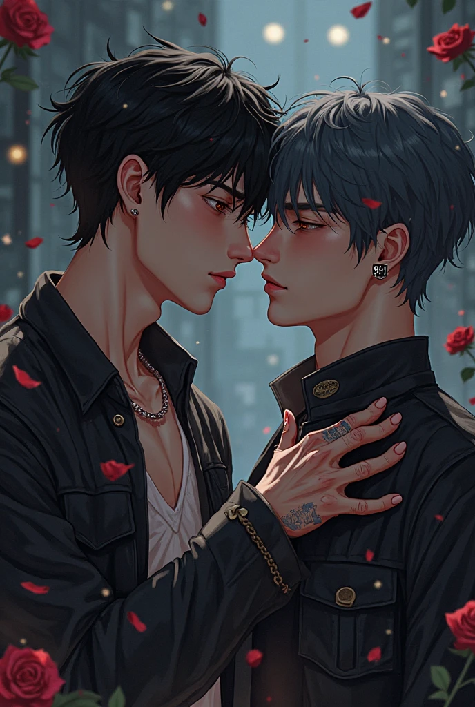 Two nena kissing, men kiss men, black clothes, Wearing black outfit, besándose lindamente, Yaoi, besándose, enfrentándose, besándose juntos, in love, Taejune, besándose boca a boca, chico rubio y chico pelirrojo, (((masterpiece))), artstation style, anime, boyslove, two boys, two mans, boys love, homosexual, 4k,8k,16k,uhd, shorts hair, city landscape, city lights in the background