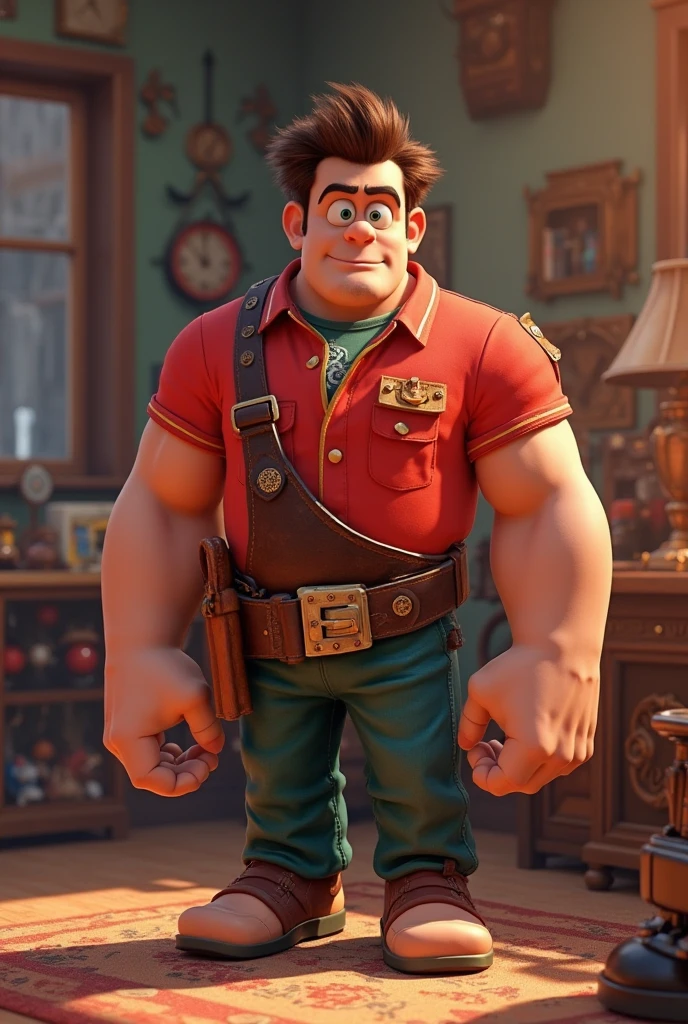 A strong macho character, with broken brown hair, with red shirt, with brown jumpsuit