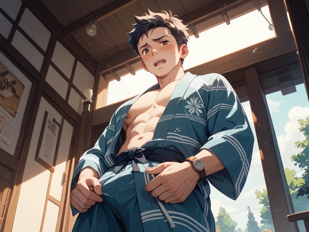 Menino lindo, loiro de 15 anos, forte, com olhos castanho escuro, com nariz discretamente alongado, fine strokes, queixo discretamente alongado estilo jujutsu no kaisen