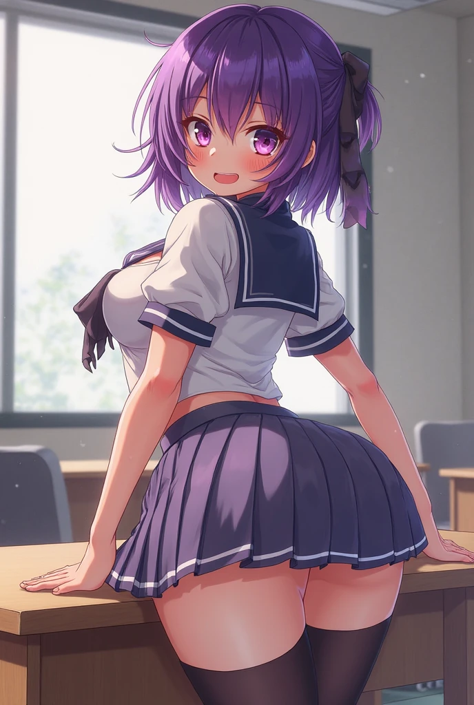 Anime Girl with thicc Body, very short purple Hair, Green eyes, fat eyelashes, fat lips, in empty classroom, Takes her school Uniform Off and shes in White underwear to impress her crusb, she is very hot