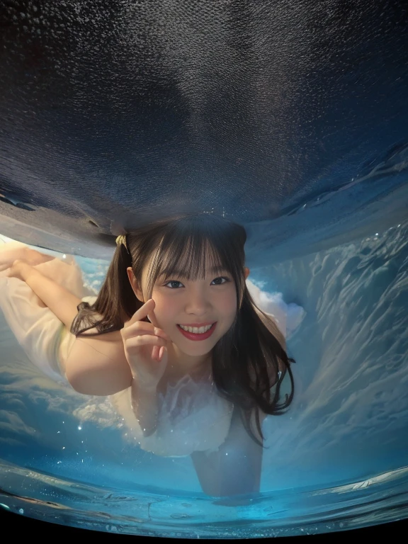 Japanese female, (underweight), (flat chest best quality:1.5), (cheerful grin:1.2),
(underwater), (floating), dancing, messy hair, (white swimsuit), full body shot, from front, ground-level shot