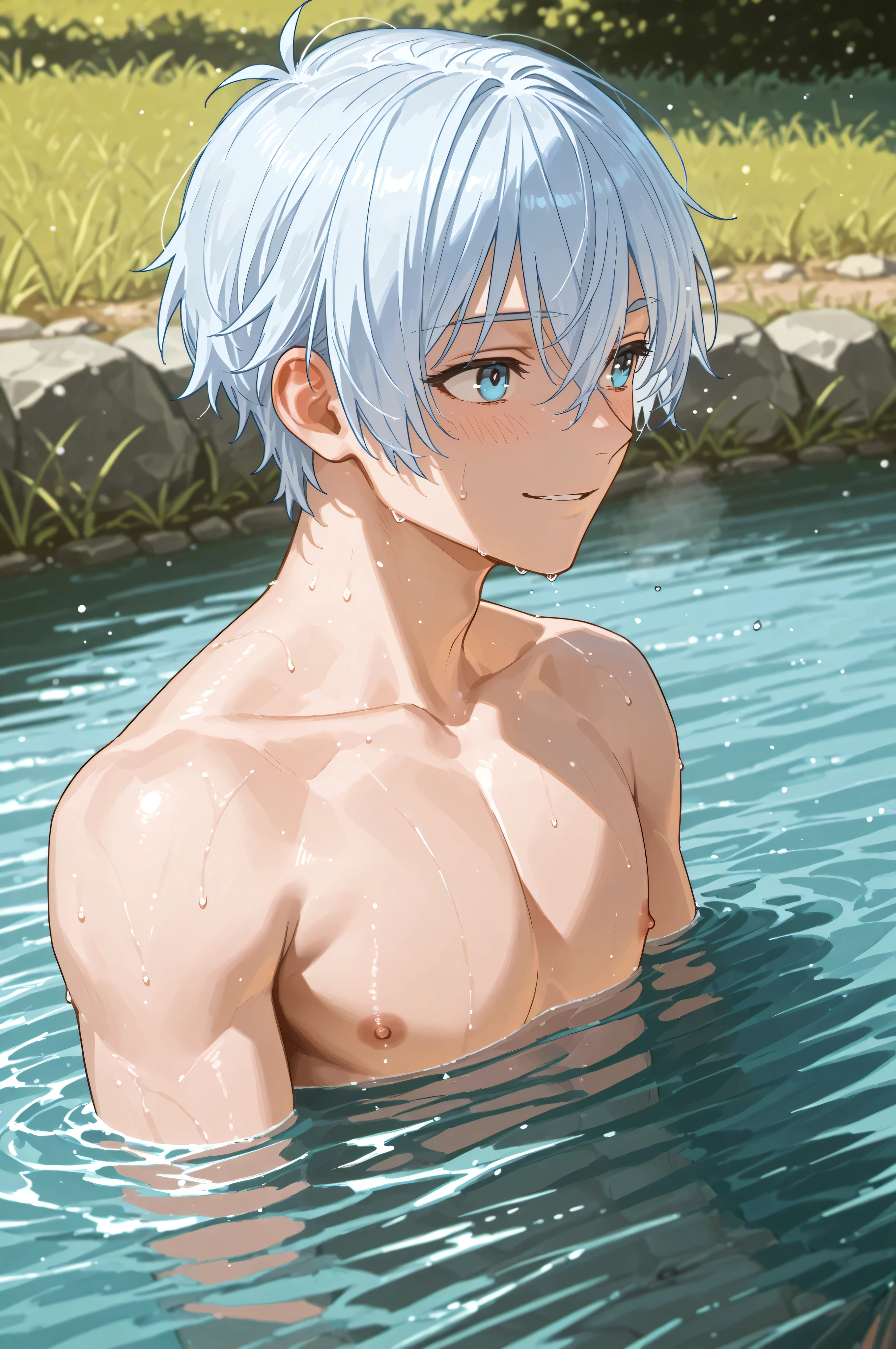 masterpiece, best quality, high quality,  1boy,10yo,, male focus, full body, looking at viewer, white blue hair,spiky hairstyle, short hair, steam smork, japan style,  anime coloring, crying, home muji style, detailed face, topless, white towel on waist,finely eye and detailed face,bulge, onsen japanese style