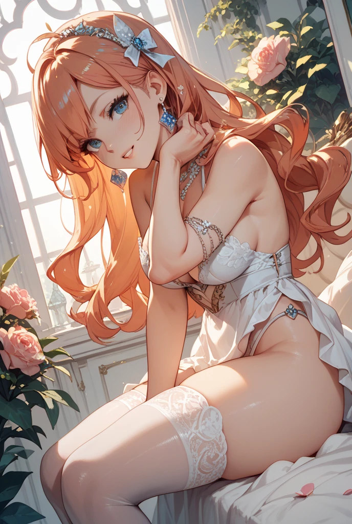 jeune fille en jolie culotte en dentelle, on voit les formes de son sexe se dessiner sou sa culotte, elle est rousse, elle a les cheveux long avec plusieurs tresses, avec les yeux vert et quelques tache de rousseur sur les paumettes, elle est très fine, sa poitrine est très fine, elle a de jolies hanches et les épaules nues, elle pose de manière sur d'elle, le dos bien cambré, elle est allongée sur un lit, dans une jolie chambre de fille bien éclairée.