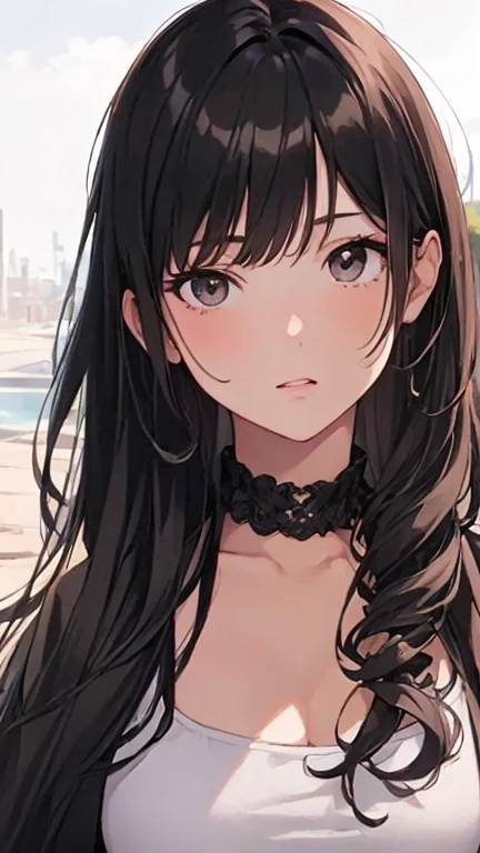 Highest quality, High resolution,thin、Small face、Brown eyes、expensive、Long black hair　,School、classroom、Black bra、Black panties、22 years old、mature,Big Breasts